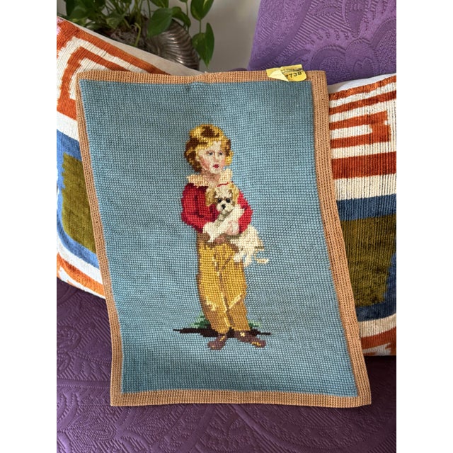 Vintage Handmade Needlepoint Textile Art - Child With Dog For Sale - Image 4 of 7
