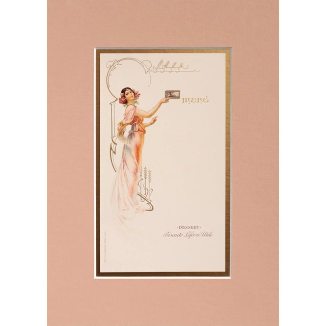 1900 - 1909 1900 Original French Advertising Menu (Woman in Orange Dress Holding Mucha Box) Matted For Sale - Image 5 of 5