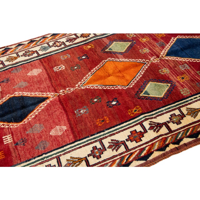 4 X 7 Room Size Persian Shiraz Wool Rug in Red With Tribal Motif For Sale - Image 4 of 8