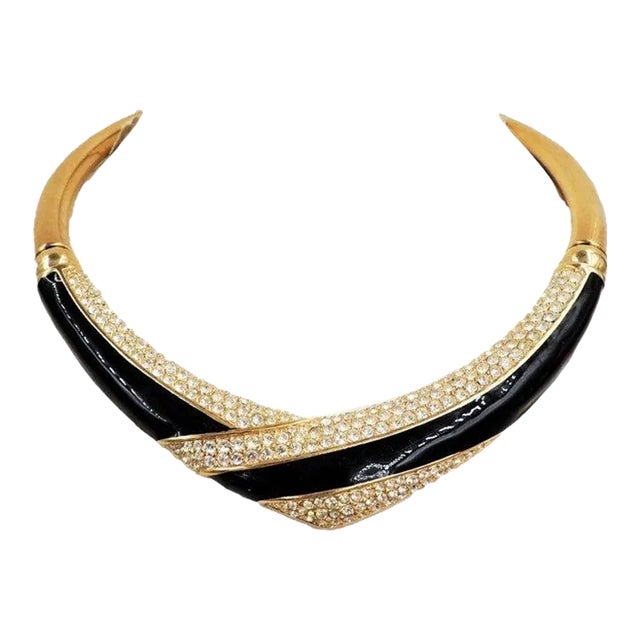 Vintage Signed Napier Book Piece Enamel & Swarovski Rhinestone V Collar Necklace For Sale