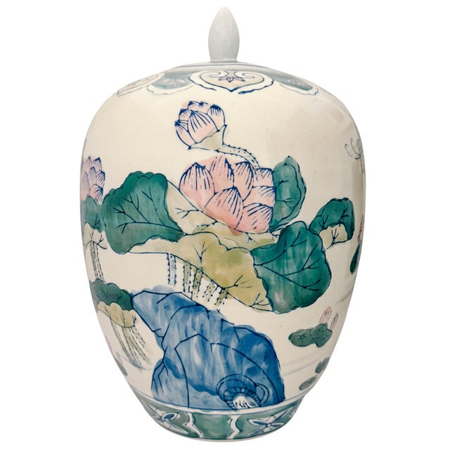 Chinoiserie Vintage Chinese Hand-Painted Polychrome Porcelain Temple Jar With Pink Lotus & Butterflies For Sale - Image 3 of 6