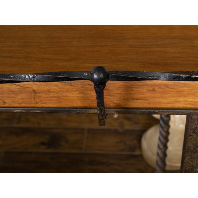 American Midcentury Metal and Wood Two-Tiered Shelving Unit with Twisted Motifs For Sale - Image 4 of 12