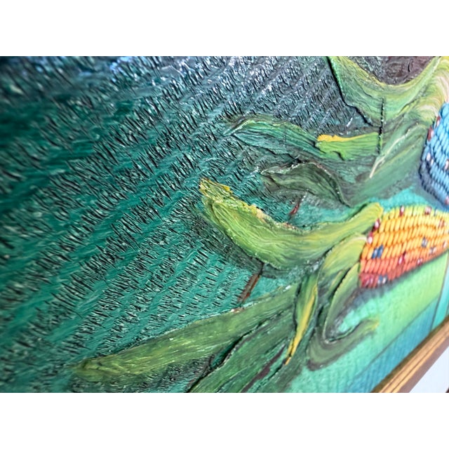 Late 20th Century Textured Signed Oil Painting Still Life, Folk Art Pottery Corn Adobe Scene Art For Sale - Image 4 of 10