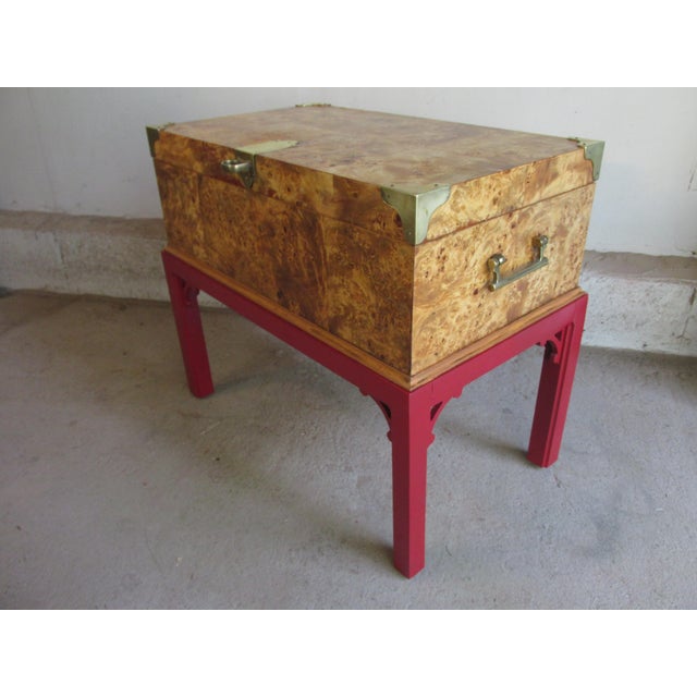 Vintage English Style hinged top box on stand. Features stunning high quality Circassian burlwood veneer to all four sides...