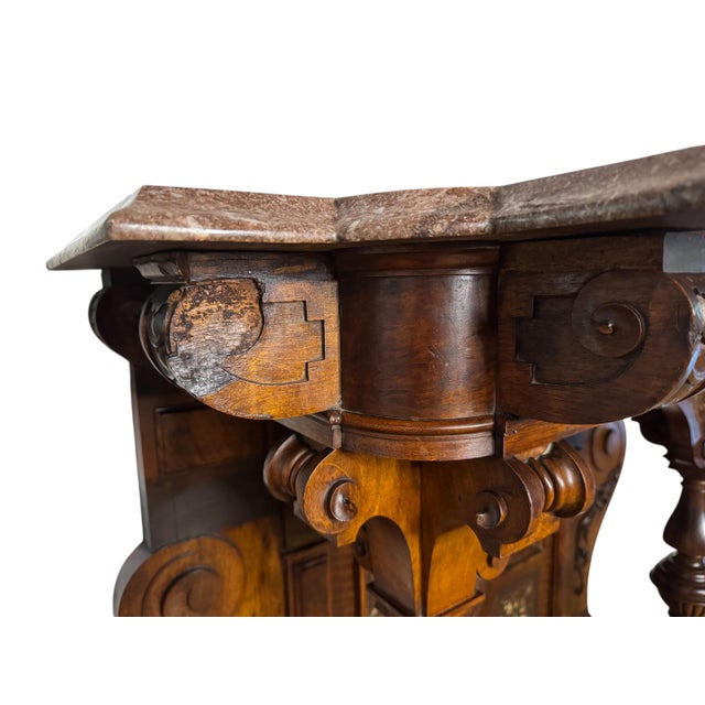 Chocolate Fine German Renaissance Revival Walnut Console Table With Inlaid Marquetry and Provenance-Inscribed Rouge Marble TopCirca 1875–1890 For Sale - Image 8 of 18
