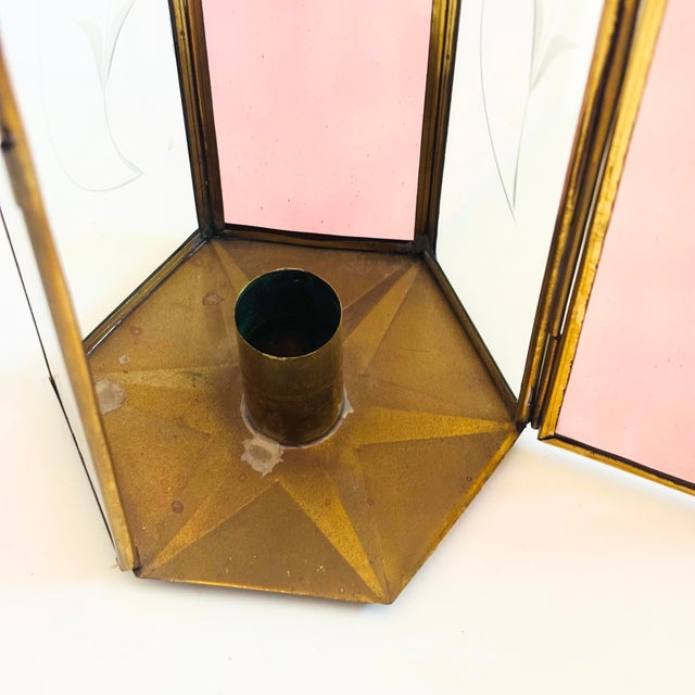 Tall Etched Glass and Brass Candle Holder For Sale - Image 9 of 10