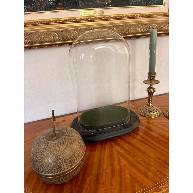 French Early 1900s French Hand Blown Glass Oval Cloche on Wood Footed Base For Sale - Image 3 of 10