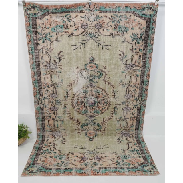 Textile 1970s Vintage Handmade Wool Cotton Green Area Rug For Sale - Image 7 of 12