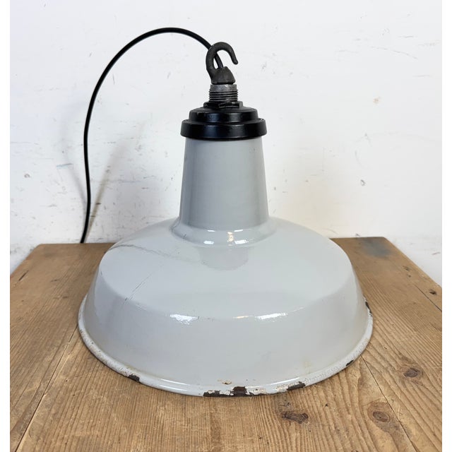 Industrial Grey Enamel Factory Pendant Lamp, 1960s For Sale - Image 13 of 17