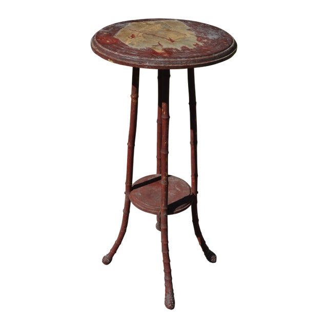Vintage Oriental Red Round Wooden 2 Tier Bamboo & Wood Table or Plant Stand For Sale