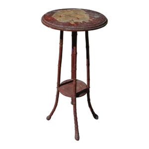 Vintage Oriental Red Round Wooden 2 Tier Bamboo & Wood Table or Plant Stand