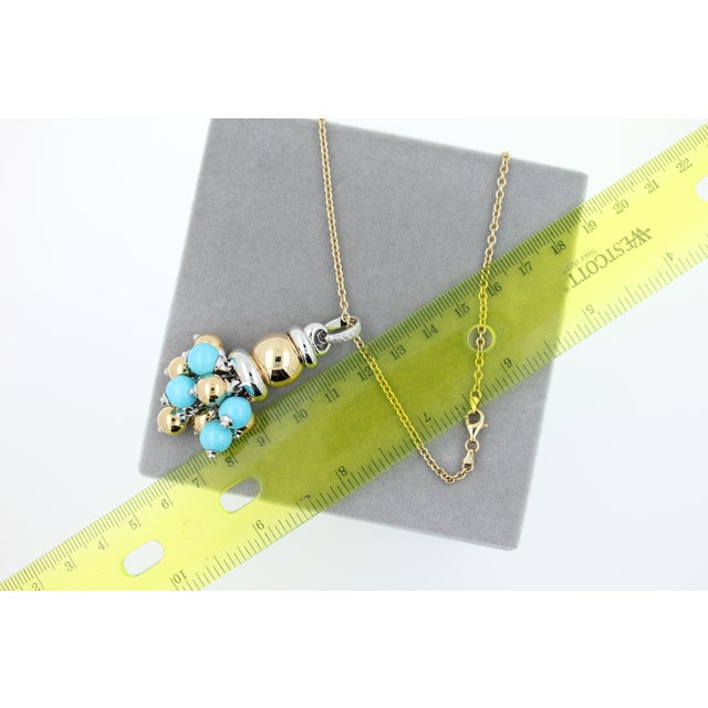 Blue Turquoise Diamonds Golden Sphere Bells Motif Two Tone Gold Pendant Necklace For Sale - Image 15 of 15