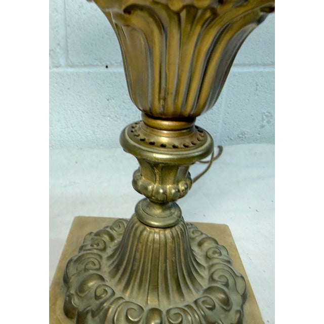 Metal Antique Ornate 1800's Electrified Heavy Brass Marble Stone Astral Oil Table Lamp For Sale - Image 7 of 11
