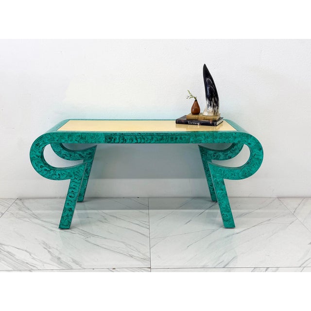 Postmodern Hand Painted Faux Malachite Console / Desk, Alessandro, Baker, 1980's For Sale - Image 3 of 11