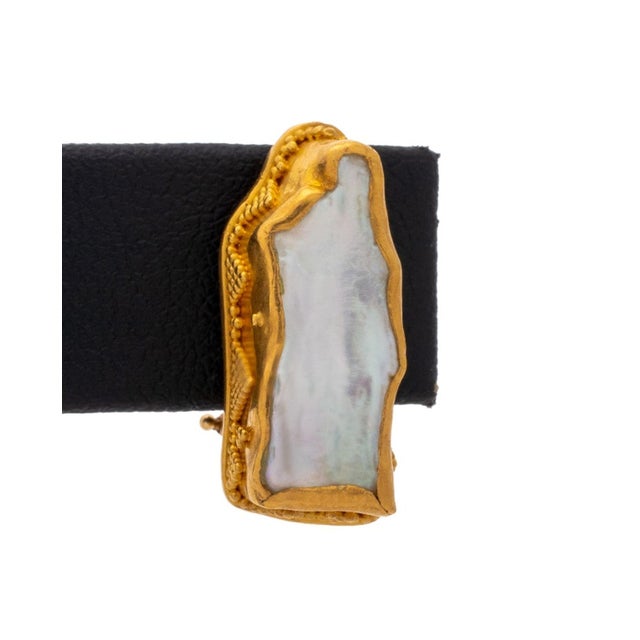 Pair of Etruscan Revival Style 22K Yellow Gold Baroque Freshwater Cultured Pearl Bezel Set Granulation Earrings, worn on...