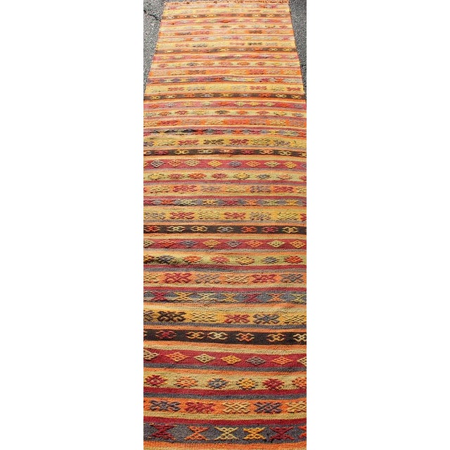 Vintage Hand Woven Turkish Kilim Colorful Stripe Runner With Tribal Motifs For Sale - Image 4 of 7