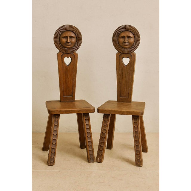 Hand-Carved Catalan Oak Chairs with Sun Motifs, 1920s, Set of 2 For Sale - Image 12 of 12