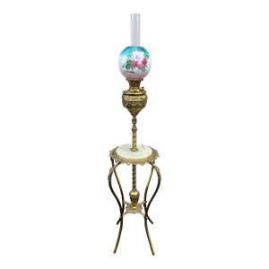 Early 1900's Juno Brass and Marble Telescoping Piano Floor Lamp With Painted Globe