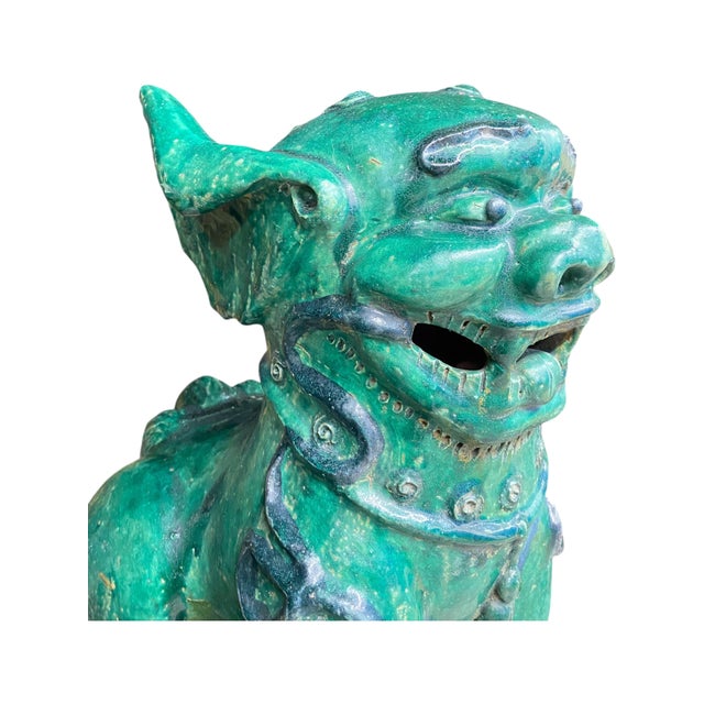 A Pair of Large Chinese Foo Dog Garden Statues in Green Glaze For Sale - Image 4 of 6