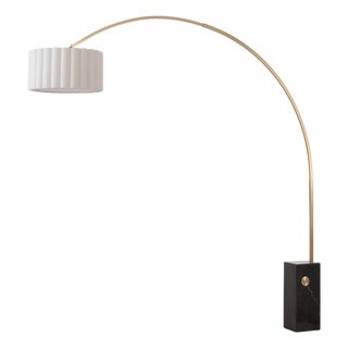 Iconic 95" Arc Floor Lamp - Weathered Brass, Black Marble Base, White Linen Shade For Sale