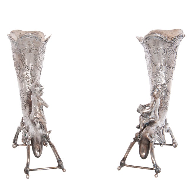 Late 20th Century Pair of Antique German Repoussé 800 Silver Cornucopia Cherub Vases Hanau 1890 For Sale - Image 5 of 12