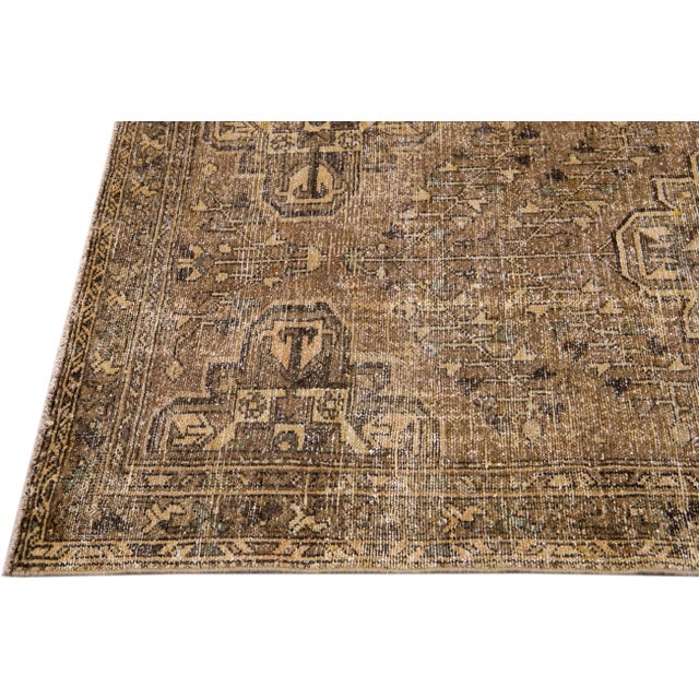 1960s Vintage Persian Distressed Handmade Medallion Tan Wool Rug For Sale - Image 4 of 7