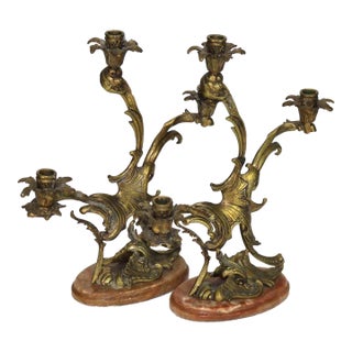 Pair of Antique French Rococo Bronze Candelabras With Marble Bases C1890 For Sale