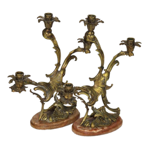 Pair of Antique French Rococo Bronze Candelabras With Marble Bases C1890