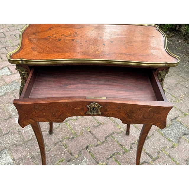 1860 French Artisan Louis XV Brown Marquetry Center Table-1 Pc For Sale - Image 11 of 17