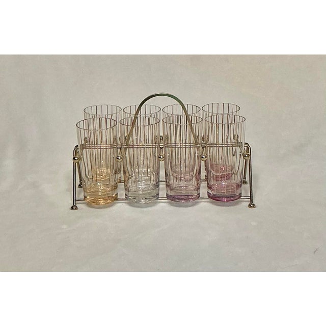 Mid-Century Modern Culver Mid-Century Modern Atomic Multi Color Highball Barware Glasses With Caddy- Set of 8 For Sale - Image 3 of 12