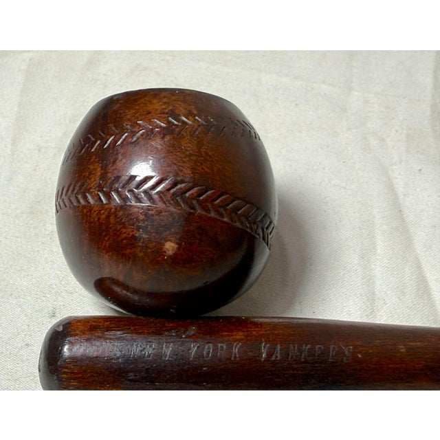 Figurative Rare Antique 1920's New York Yankees Baseball Bat Hand Carved Wood Smoking Pipe For Sale - Image 3 of 12