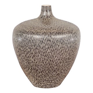 Artisan Handmade Brown Glazed Ceramic Vase with Textured Cream Stokes For Sale