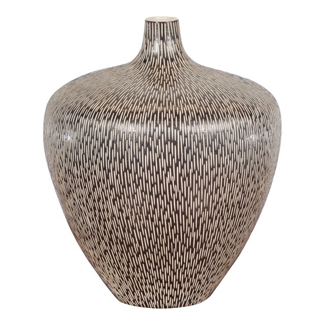 Artisan Handmade Brown Glazed Ceramic Vase with Textured Cream Stokes For Sale