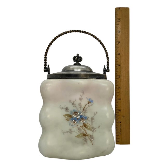 Late 19th Century C.F. Monroe Glass Wavecrest Floral Decorated Opal Ware Biscuit Cracker Barrel With Silver Plated Handle and Lid For Sale - Image 11 of 13