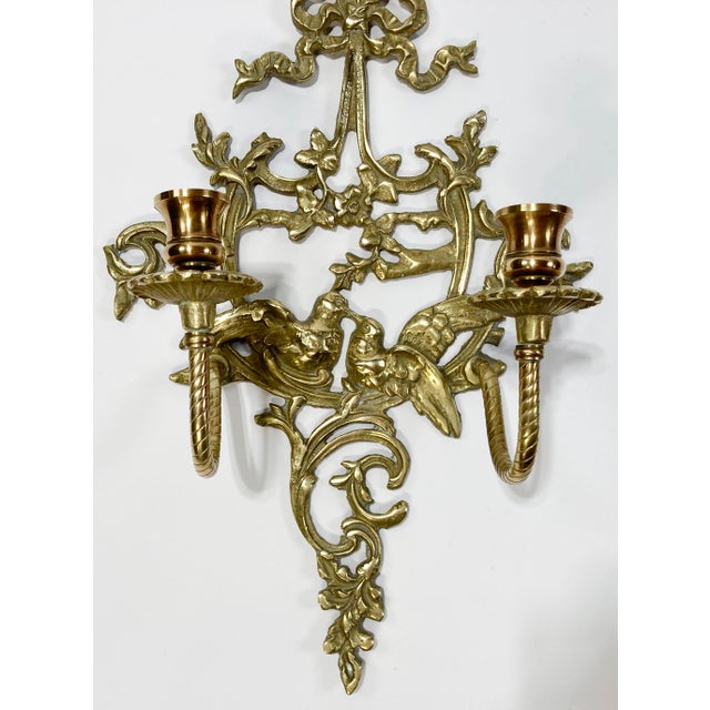 Metal Vintage Brass Lovebird Wall Mount Candle Sconces, a Pair For Sale - Image 7 of 8