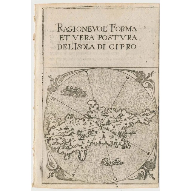 A scarce map of Cyprus within a circle with only a few place names and two sea monsters. It was engraved by Michel'Angelo...