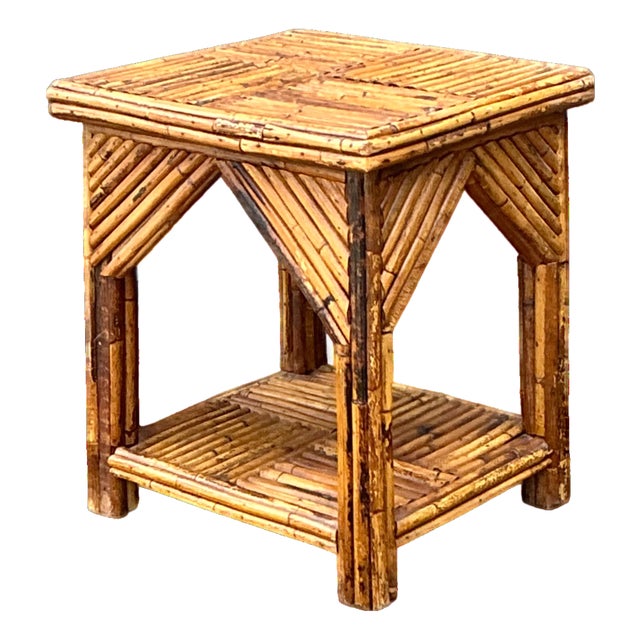 Rustic Reed and Wood Accent Table For Sale