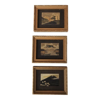 Mid 20th Century Miniature Japanese Etched Metal Framed Art, Set of Three For Sale