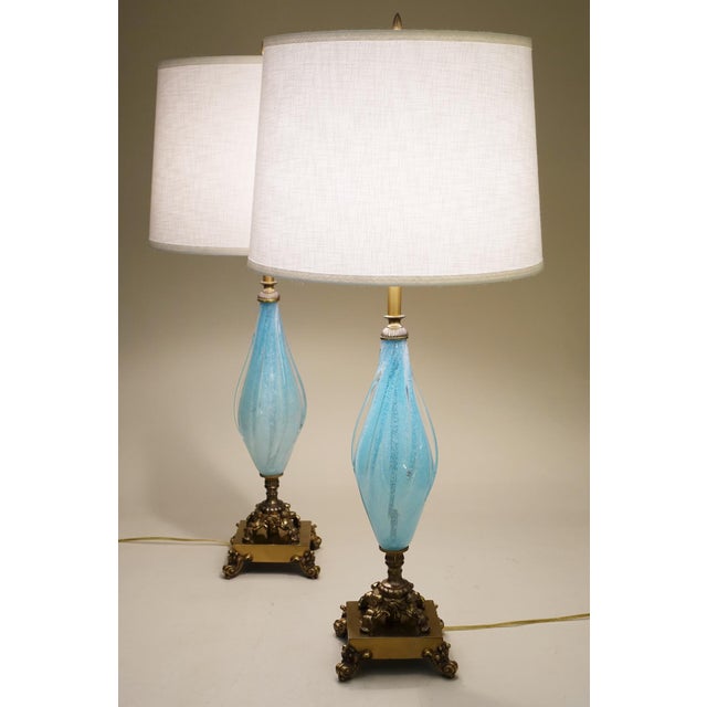 Aqua 1960s Large Barovier Toso Murano Italy Thick Aqua Swirl Art Glass Ornate Brass Table Lamps - a Pair For Sale - Image 8 of 11