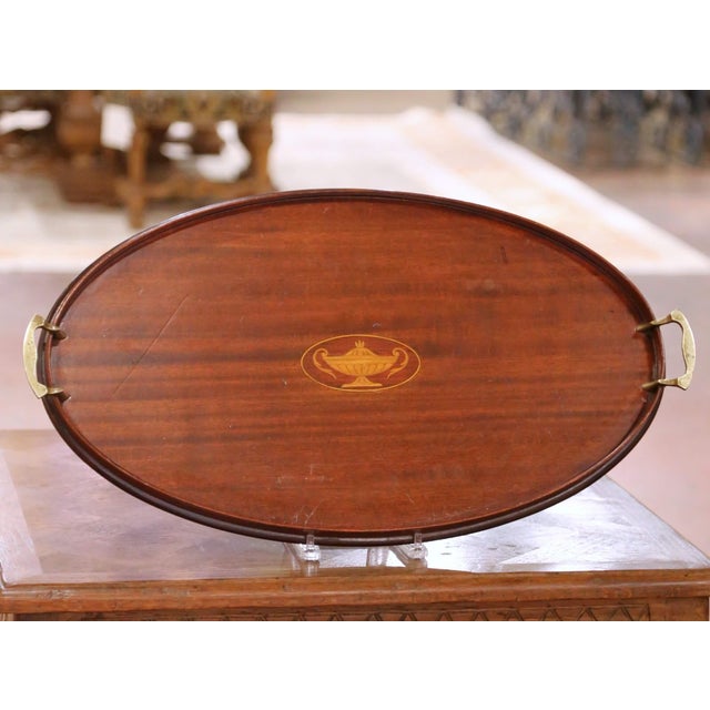 Mid-Century English Burl Walnut Oval Serving Tray With Brass Handles For Sale - Image 4 of 9
