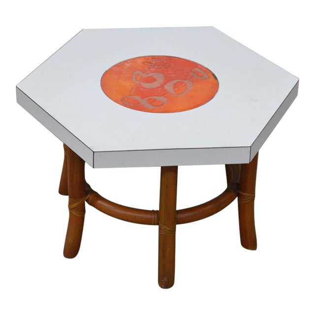 MCM Octagonal Bamboo Enamel White Laminate James Mont Style Side Table For Sale