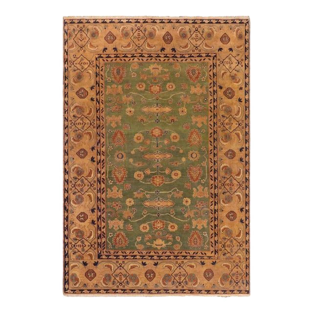 1980s Shabby Chic Green/Gold Wool Rug - 7'3" X 10'1" For Sale