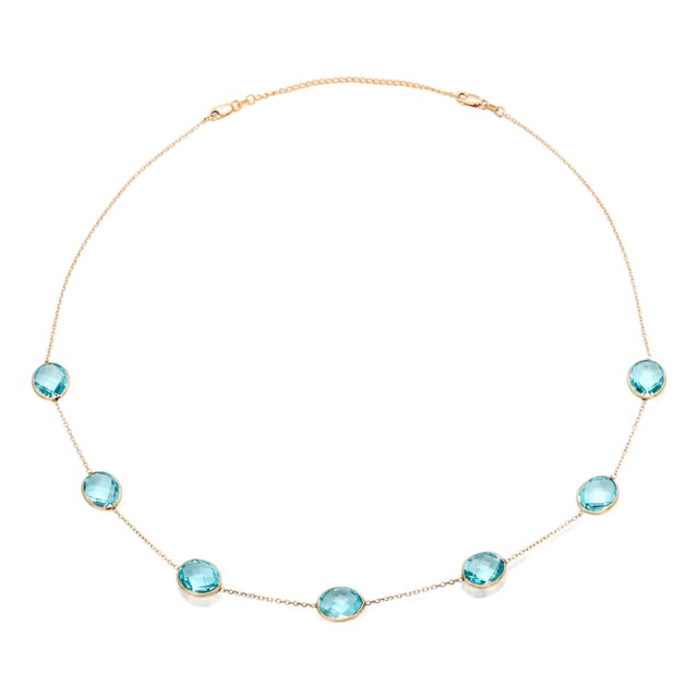 14k Yellow Gold Large Sized Blue Topaz Bezel Station Necklace 20 Inch For Sale