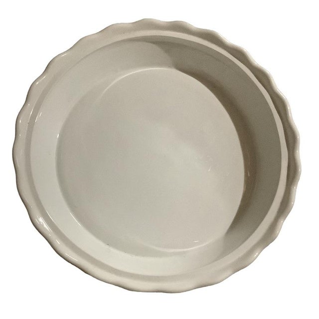White Vintage 2 Pc Bella Casa by Ganz Trompe L’Oeil Blue and White Plaid Peach 3d Fruit Kitchen Pie Saver Dish With Lid Peaches Scalloped Edge For Sale - Image 8 of 10