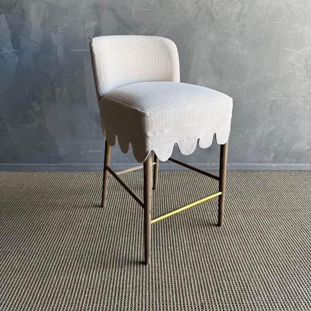 Kate Slip Covered Counter Stool -Ticking 100% Linen With Raw Brass Foot Rail For Sale - Image 4 of 11