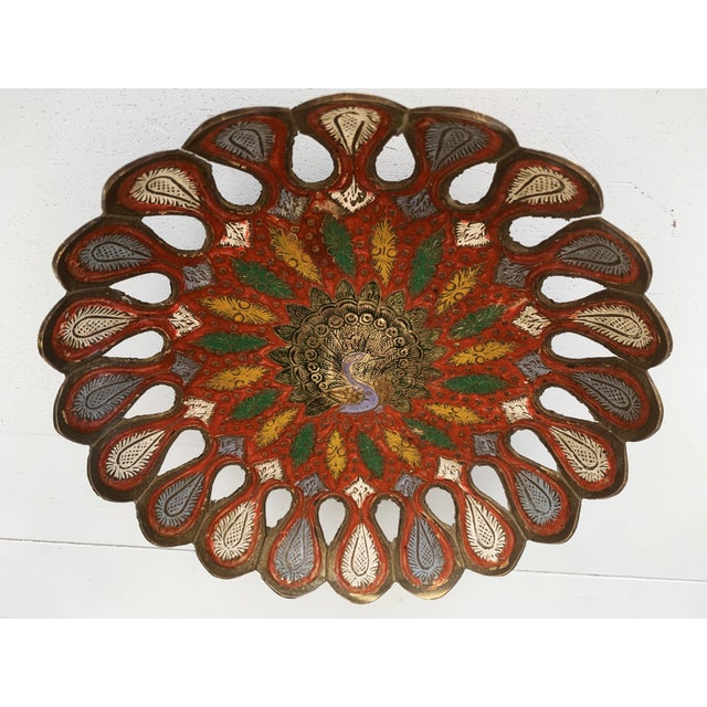 Hand-Painted Brass Plate with Peacock, 1970s For Sale - Image 10 of 11