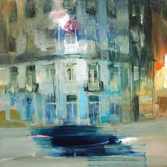 This oil painting captures a moody urban scene, depicting a blurred building facade against a backdrop of soft, abstract...