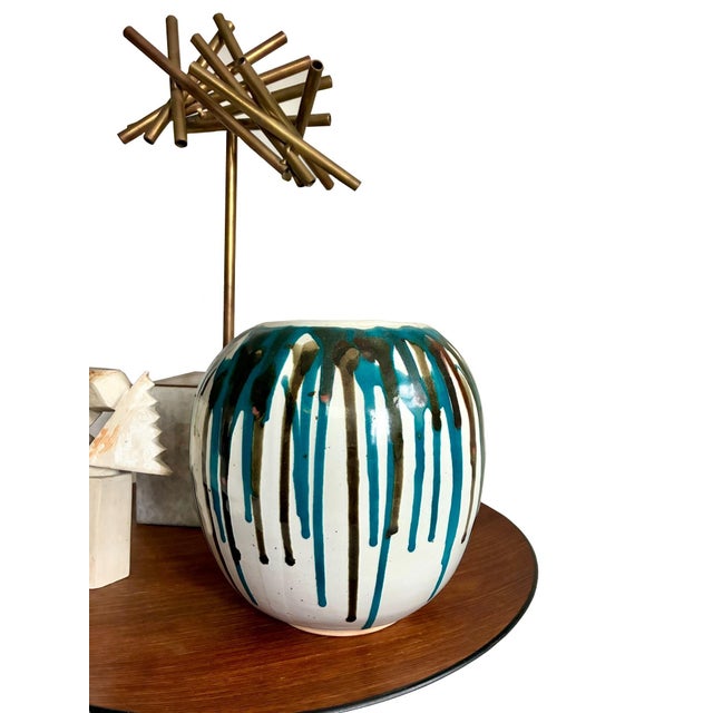 Ceramic Signed 1960s Mid Century Blue and White Ceramic Vase / Modernist Art Studio Pottery Drip Glaze For Sale - Image 7 of 10