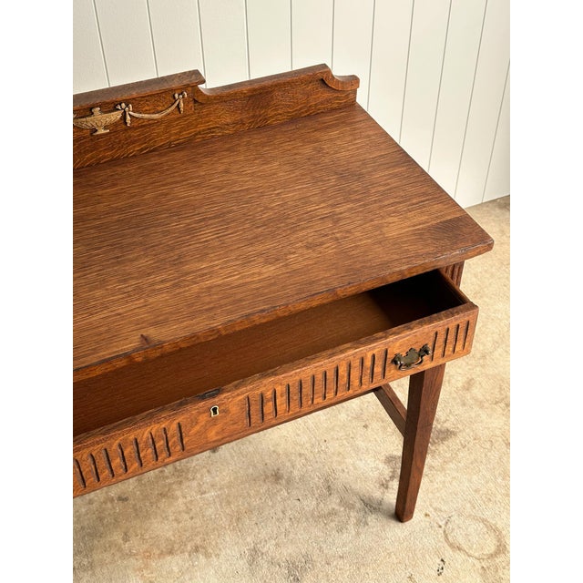 Antique Quarter Sawn Oak Console Table With Carved Gallery Back For Sale - Image 10 of 17
