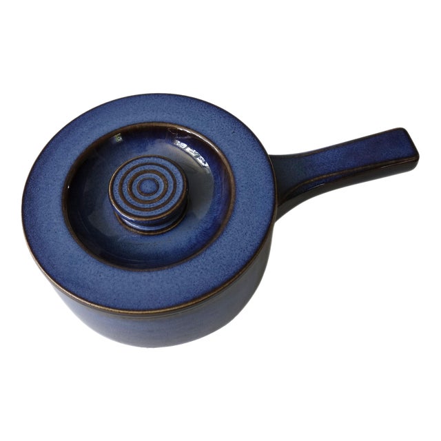 Vintage Kosmos Pot in Blue Glazed Ceramic with Handle and Lid from Gefle, Sweden For Sale
